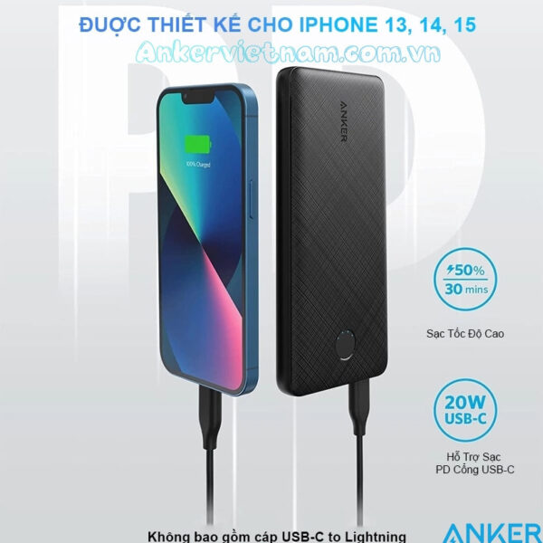 Pin sạc dự phòng 10000mAH Powercore Slim mỏng nhẹ 1 cổng A 1 Cổng C Công suát 22.5W Anker 523 A1245