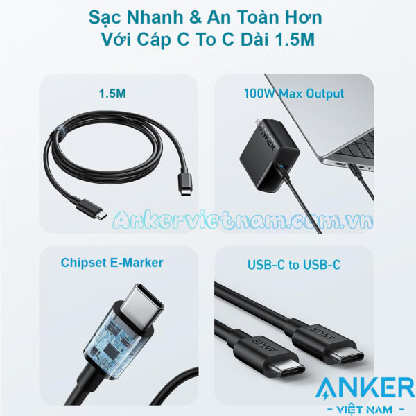 Củ sạc nhanh 100W 1 Cổng C Anker317 B2672 Kèm Dây C to C 1.5M