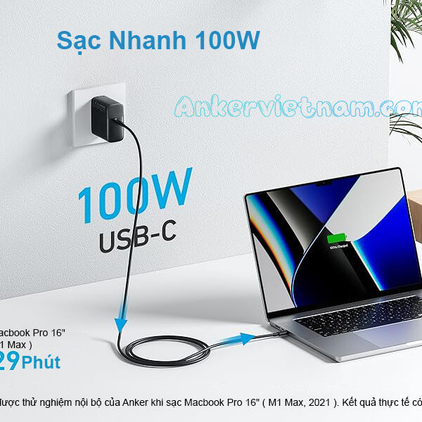 Củ sạc nhanh 100W 1 Cổng C Anker317 B2672 Kèm Dây C to C 1.5M