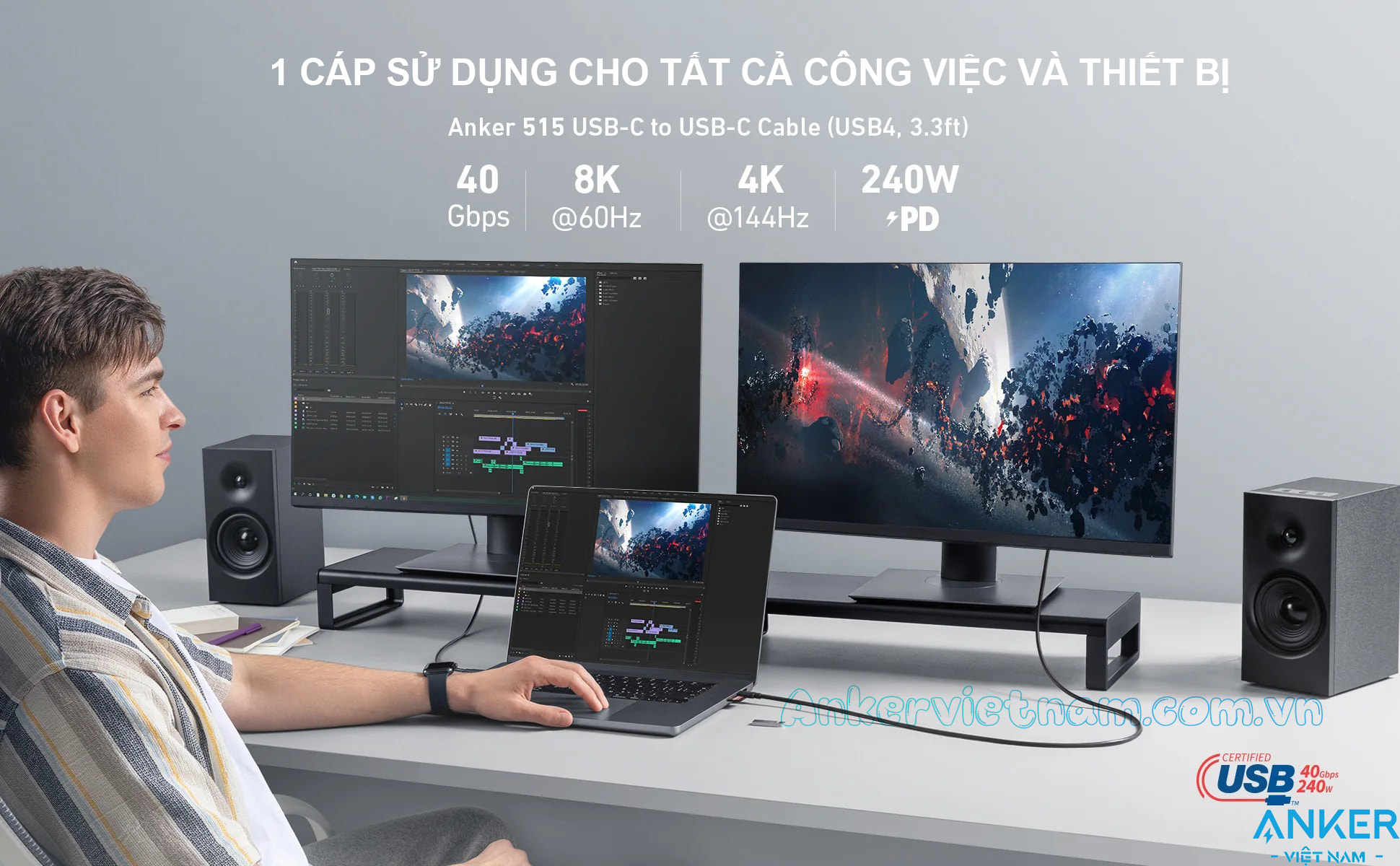 Cáp USB 4 Dài 1M Hỗ Trợ 8K@60Hz, truyền dữ liệu 40Gbps, sạc 240W Anker 515 A8487