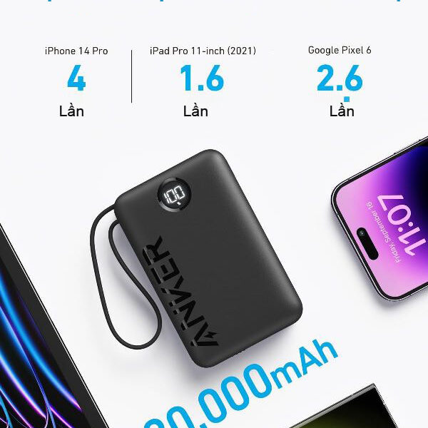 Sạc Dự Phòng 20000mAh Anker 335 1C1A 22.5W_A1647 4 Pin Dự Phòng 20000mAh Anker 335 1 Cổng USB A 1 CỔng USB C Công suất 22.5W A1647