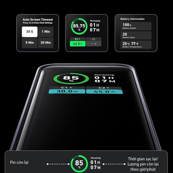 Pin Dự Phòng 2 Cổng C 12000mAh Anker Prime 723 Công Suất 130W Màn hình smart Displayport A1335
