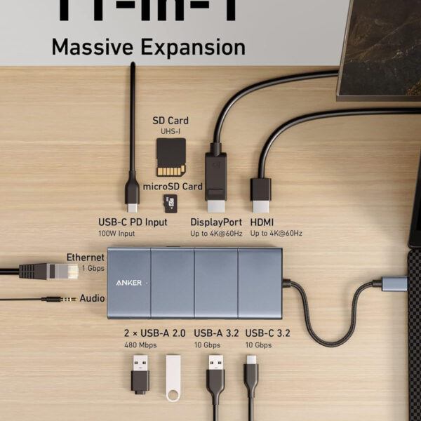 Hub USB-C Anker 565 11 trong 1 Hỗ Trợ Xuất 2 Màn HÌnh HDMI + Displayport 4K@60Hz Kèm 2 cổng USB 2.0, 1x USB A 3.2 +1x USB -C 3.2 Tốc đọ 10Gbps, 1 Cổng LAN RJ45 1Gbps, 1x Audio 3.5mm.1x SD/TF A8388
