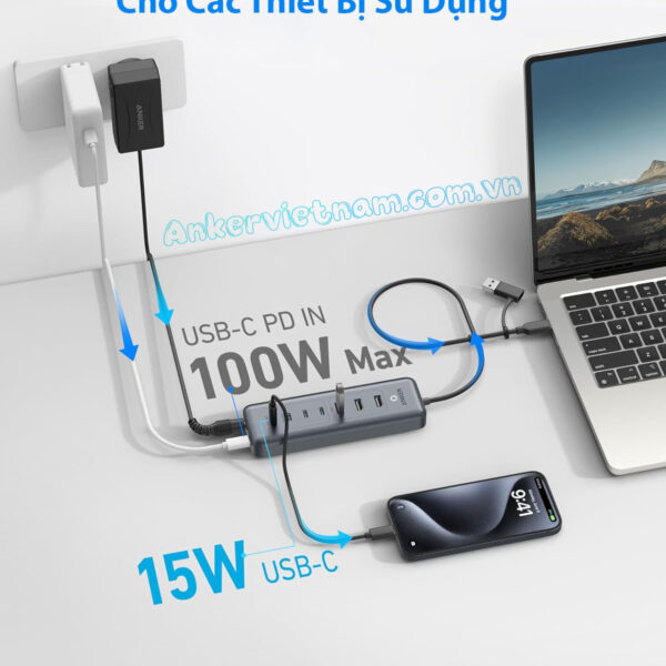 Hub Chia Cổng USB Sang 4 Cổng USB-C và 3 Cổng USB A Kèm PD100W và Nguồn 45W ANker A8307