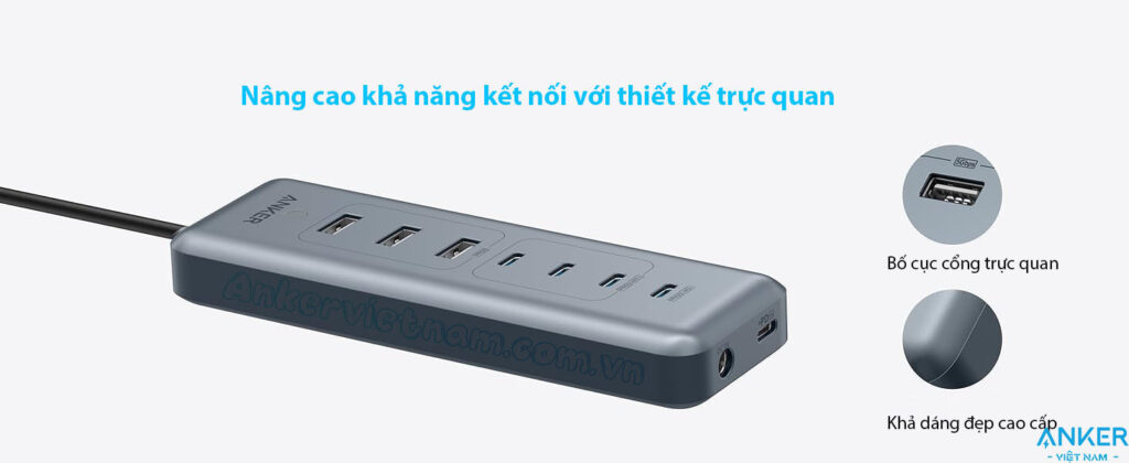 Hub Chia Cổng USB Sang 4 Cổng USB-C và 3 Cổng USB A Kèm PD100W và Nguồn 45W ANker A8307