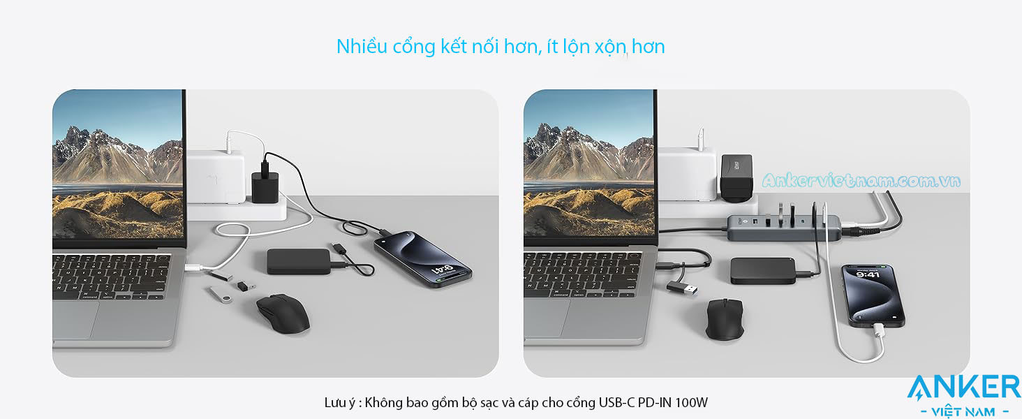 Hub Chia Cổng USB Sang 4 Cổng USB-C và 3 Cổng USB A Kèm PD100W và Nguồn 45W ANker A8307