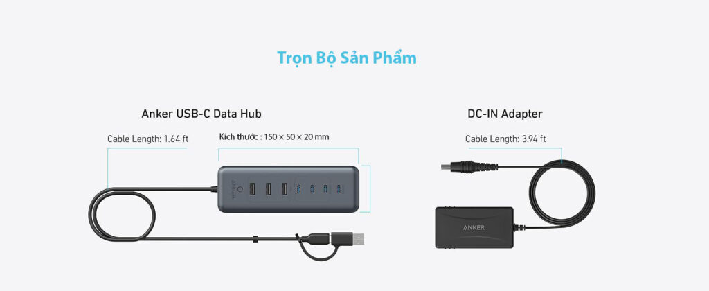 Hub Chia Cổng USB Sang 4 Cổng USB-C và 3 Cổng USB A Kèm PD100W và Nguồn 45W ANker A8307