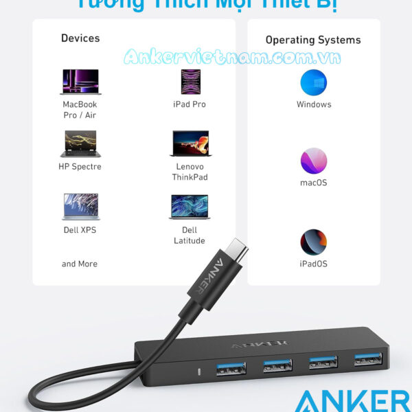 Bộ Chia USB-C Sang 4 Cổng USB 3.0 5Gbps Anker A8309 ( Không Hỗ Trợ Sạc, Cáp Dài 70cm ) 5 Bộ Chia Cổng USB-C Sang 4 Cổng USB 3.0 Anker A8309