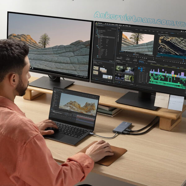 Hub USB-C Anker 565 11 trong 1 Hỗ Trợ Xuất 2 Màn HÌnh HDMI + Displayport 4K@60Hz Kèm 2 cổng USB 2.0, 1x USB A 3.2 +1x USB -C 3.2 Tốc đọ 10Gbps, 1 Cổng LAN RJ45 1Gbps, 1x Audio 3.5mm.1x SD/TF A8388