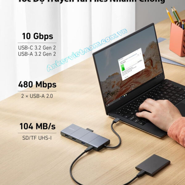 Hub USB-C Anker 565 11 trong 1 Hỗ Trợ Xuất 2 Màn HÌnh HDMI + Displayport 4K@60Hz Kèm 2 cổng USB 2.0, 1x USB A 3.2 +1x USB -C 3.2 Tốc đọ 10Gbps, 1 Cổng LAN RJ45 1Gbps, 1x Audio 3.5mm.1x SD/TF A8388