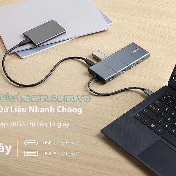 Hub USB-C Anker 565 11 trong 1 Hỗ Trợ Xuất 2 Màn HÌnh HDMI + Displayport 4K@60Hz Kèm 2 cổng USB 2.0, 1x USB A 3.2 +1x USB -C 3.2 Tốc đọ 10Gbps, 1 Cổng LAN RJ45 1Gbps, 1x Audio 3.5mm.1x SD/TF A8388