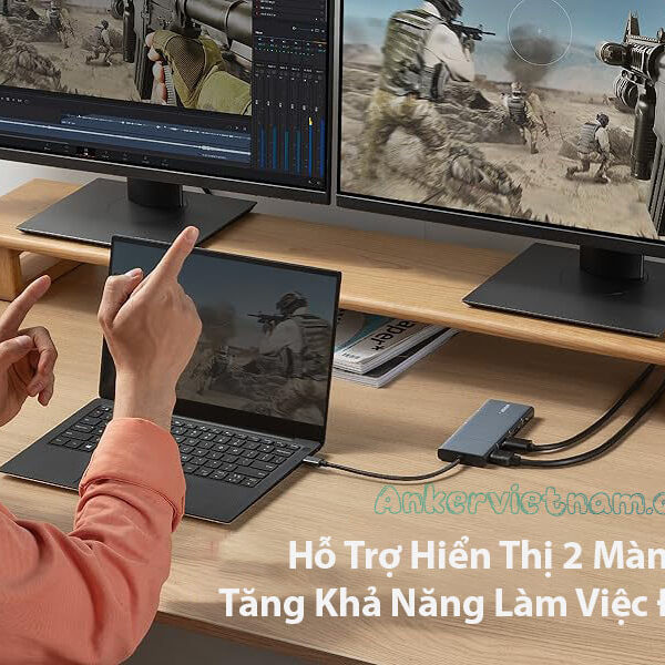 Hub USB-C Anker 565 11 trong 1 Hỗ Trợ Xuất 2 Màn HÌnh HDMI + Displayport 4K@60Hz Kèm 2 cổng USB 2.0, 1x USB A 3.2 +1x USB -C 3.2 Tốc đọ 10Gbps, 1 Cổng LAN RJ45 1Gbps, 1x Audio 3.5mm.1x SD/TF A8388