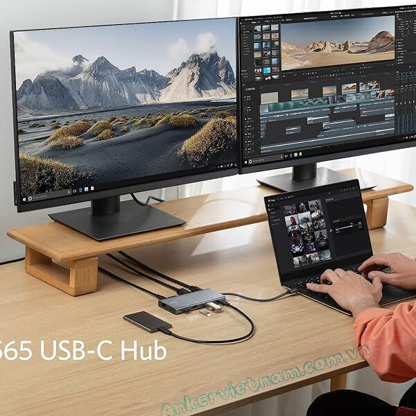 Hub USB-C Anker 565 11 trong 1 Hỗ Trợ Xuất 2 Màn HÌnh HDMI + Displayport 4K@60Hz Kèm 2 cổng USB 2.0, 1x USB A 3.2 +1x USB -C 3.2 Tốc đọ 10Gbps, 1 Cổng LAN RJ45 1Gbps, 1x Audio 3.5mm.1x SD/TF A8388