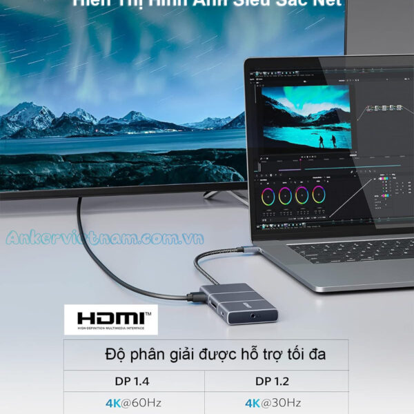 HUB USB-C Sang HDMI 4K+ 2 Cổng USB 10Gbps + 1 Audio 3.5mm + 1 SD Card + PD 100W Anker A8366