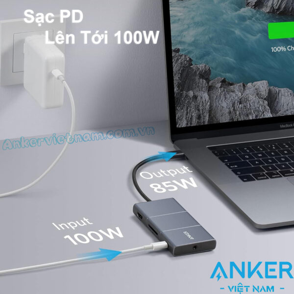 HUB USB-C Sang HDMI 4K+ 2 Cổng USB 10Gbps + 1 Audio 3.5mm + 1 SD Card + PD 100W Anker A8366
