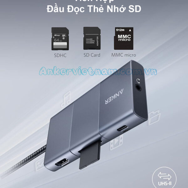 HUB USB-C Sang HDMI 4K+ 2 Cổng USB 10Gbps + 1 Audio 3.5mm + 1 SD Card + PD 100W Anker A8366