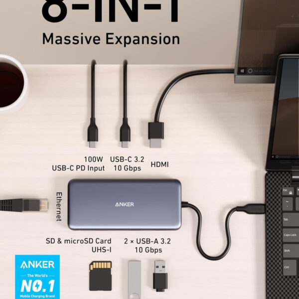 Hub USB-C Sang HDMI +USB-C +USB 3.2+ RJ45+ SD/TF+PD100W Anker A555-A8383
