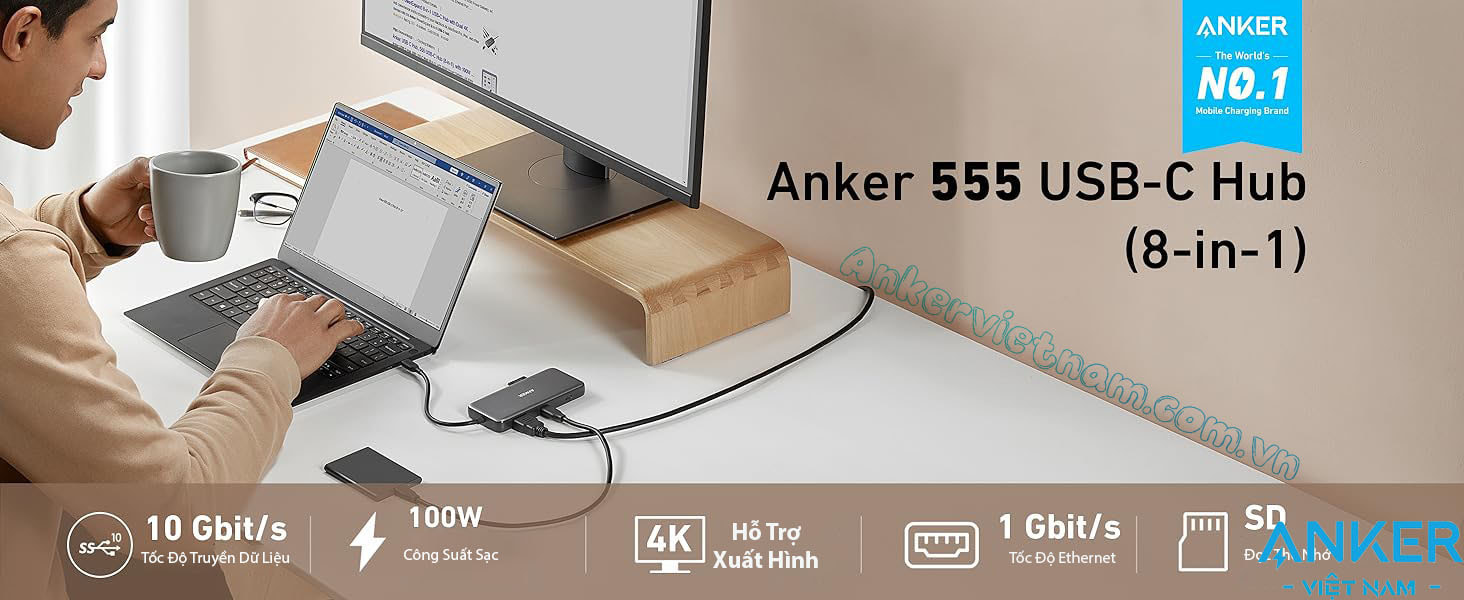 Hub USB-C Sang HDMI +USB-C +USB 3.2+ RJ45+ SD/TF+PD100W Anker A555-A8383