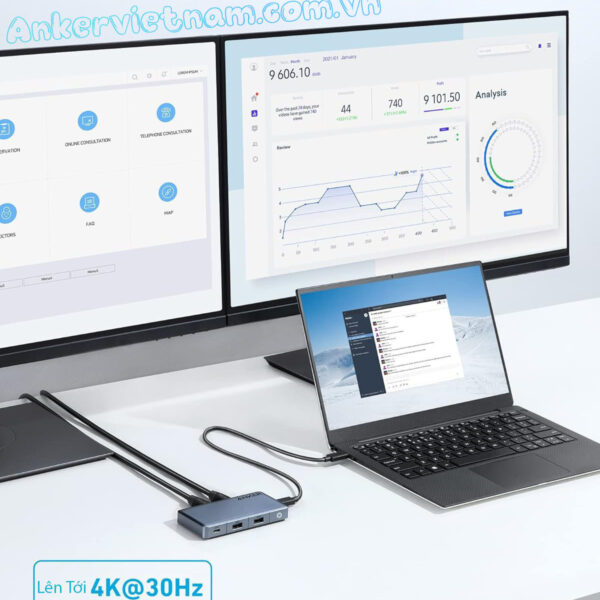 Hub USB-C Anker 343 To 2 HDMI 4K+ USB-A +USB Type C + PD100W- A8372
