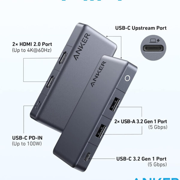 Hub USB-C Anker 343 To 2 HDMI 4K+ USB-A +USB Type C + PD100W- A8372