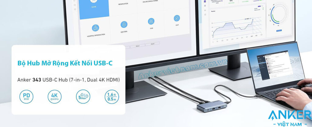 Hub USB-C Anker 343 To 2 HDMI 4K+ USB-A +USB Type C + PD100W- A8372