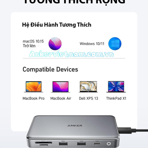 Hub USB Type C Sang - 2 cổng HDMI, 2x-USB-A,1x USB-C,1x-RJ45,1x-SD-1x-TF-1x-PD100W-Anker-563-A8386