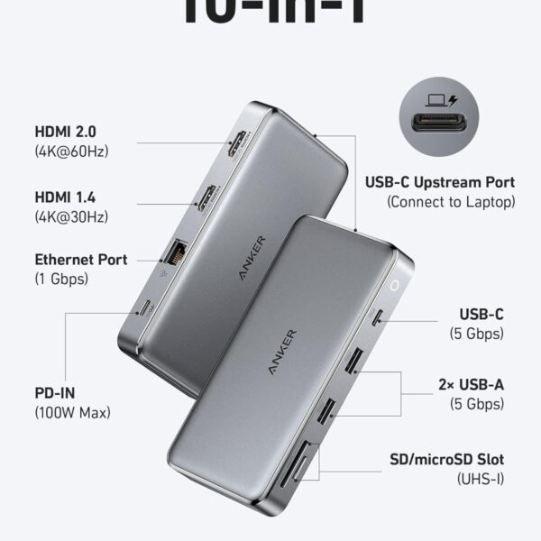 Hub USB Type C Sang - 2 cổng HDMI, 2x-USB-A,1x USB-C,1x-RJ45,1x-SD-1x-TF-1x-PD100W-Anker-563-A8386