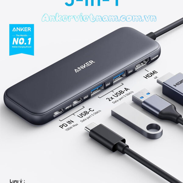 HUB-USB-C Sang HDMI 4K +2 Cổng USB 3.0 + 1 USB-C + PD100W Anker 322-8355