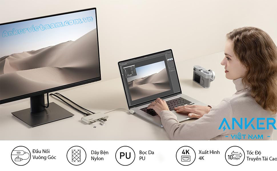 Hub USB-C 8 trong 1 Hỗ Trợ HDMI-4K-Lan-1Gbps-microSDSD-Card-Reader-Audio-3.5mm-PD-100W-Anker-655-A8382