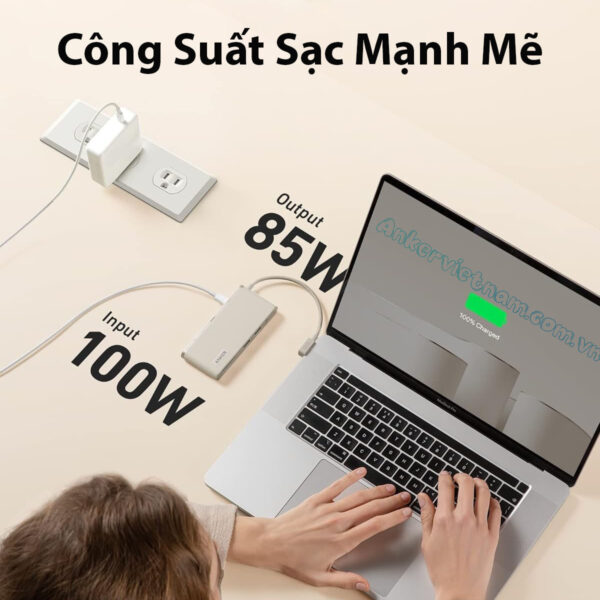 Hub USB-C 8 trong 1 Hỗ Trợ HDMI-4K-Lan-1Gbps-microSDSD-Card-Reader-Audio-3.5mm-PD-100W-Anker-655-A8382