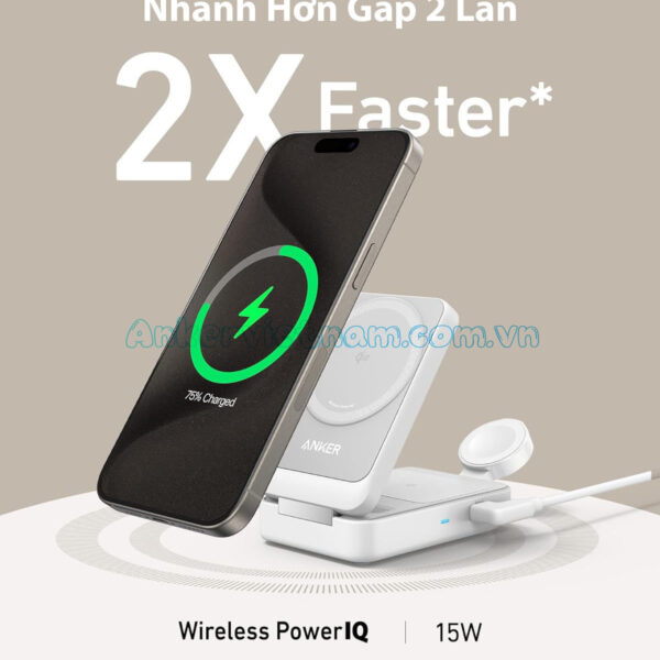 Bộ Sạc Không Dây MagGo Qi2.0 3 Trong 1 Từ Tính 15W Anker B2557