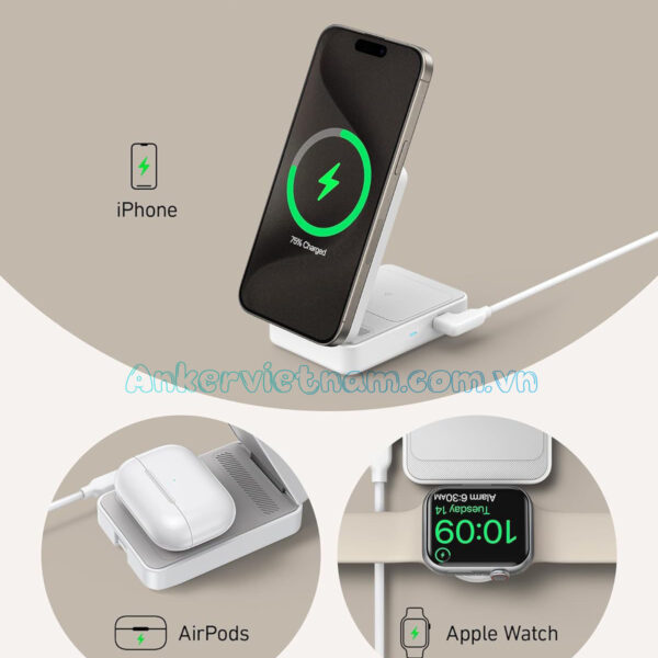 Bộ Sạc Không Dây MagGo Qi2.0 3 Trong 1 Từ Tính 15W Anker B2557