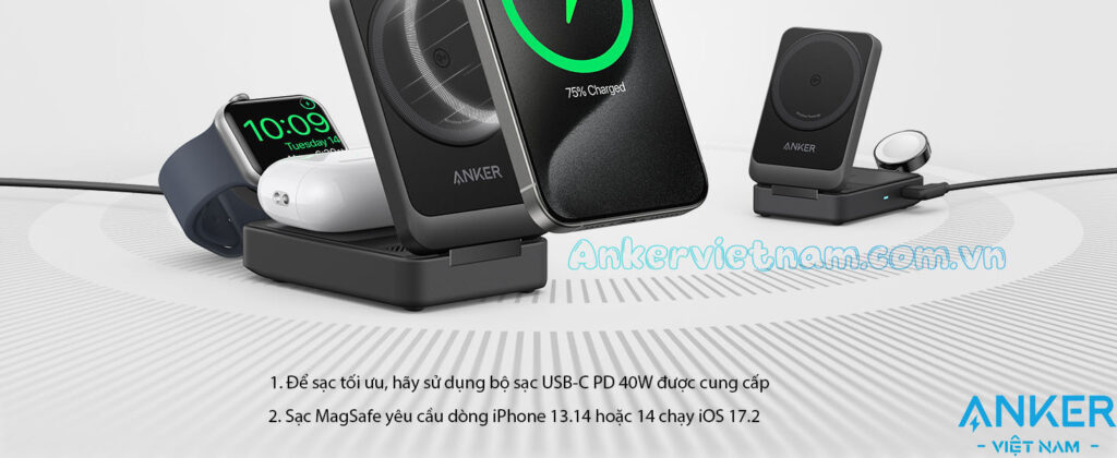 Bộ Sạc Không Dây MagGo Qi2.0 3 Trong 1 Từ Tính 15W Anker B2557