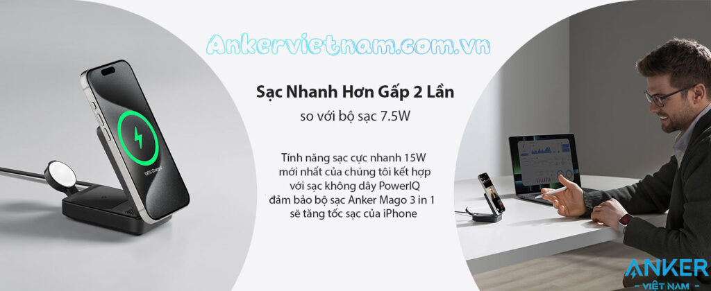 Bộ Sạc Không Dây MagGo Qi2.0 3 Trong 1 Từ Tính 15W Anker B2557