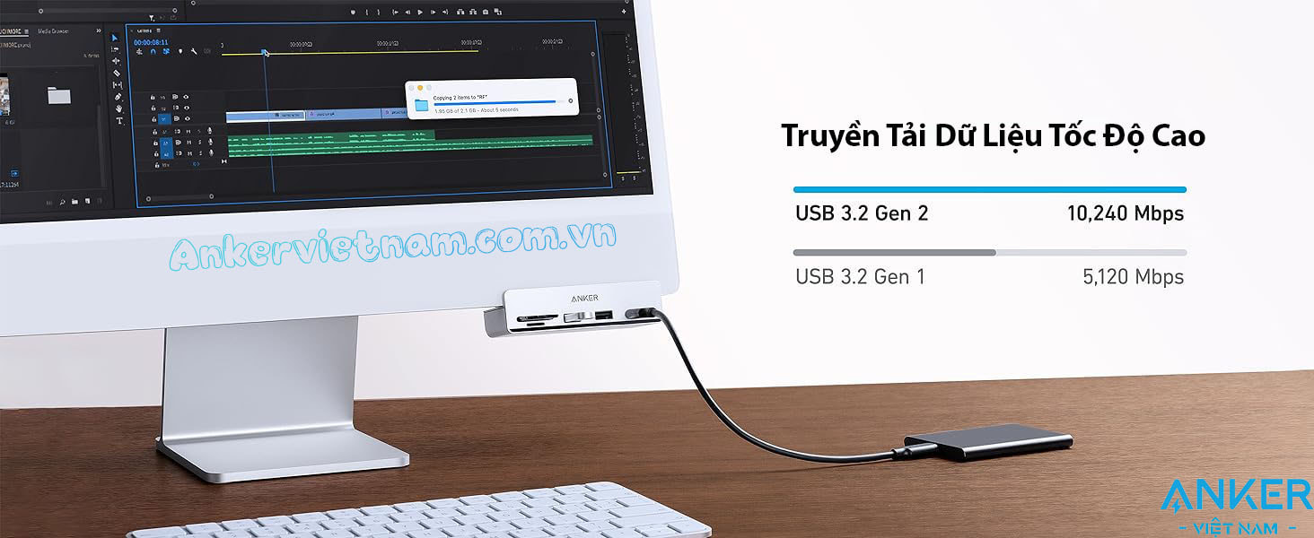 Hub USB-C cho iMac Hỗ Trợ USB + USB Type C tốc độ 10Gbps + Đầu đọc thẻ nhớ SD/TF Anker A535-A8353