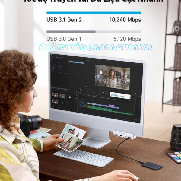 Hub USB-C cho iMac Hỗ Trợ USB + USB Type C tốc độ 10Gbps + Đầu đọc thẻ nhớ SD/TF Anker A535-A8353
