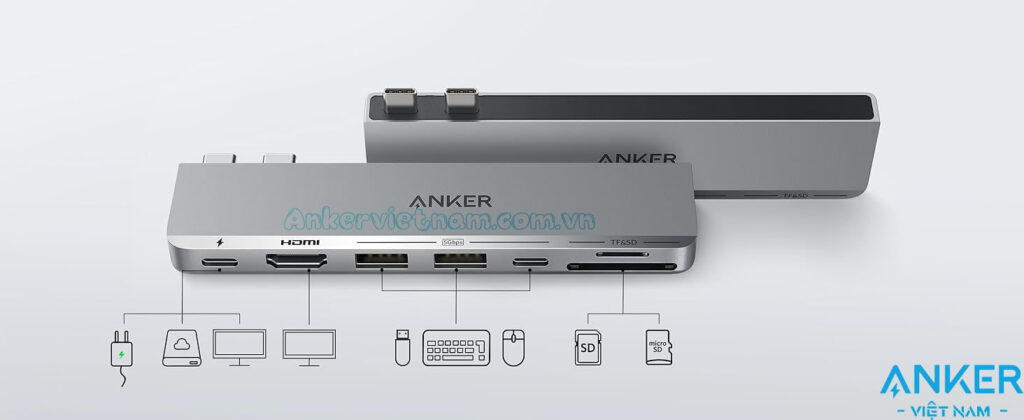 Hub USB-C Anker 547 Gắn Cho Macbook Hỗ Trợ HDMI 4K@60Hz +2*USB+1+USB-C + SD/TF + PD100W-A8354