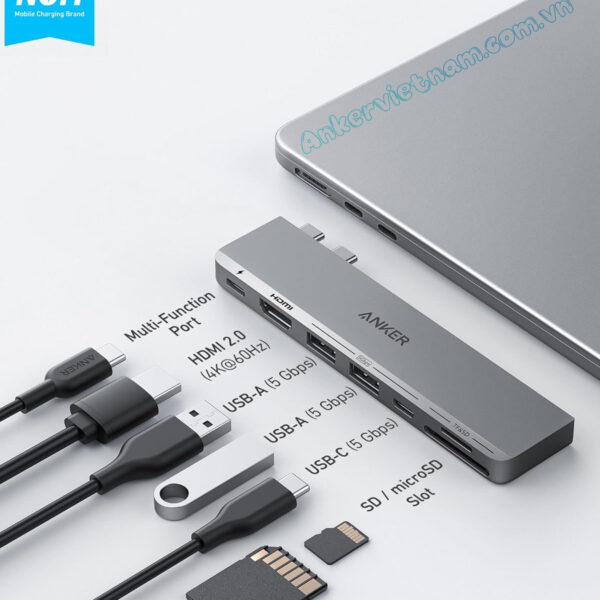 Hub USB-C Anker 547 Gắn Cho Macbook Hỗ Trợ HDMI 4K@60Hz +2*USB+1+USB-C + SD/TF + PD100W-A8354