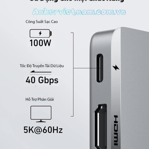 Hub USB-C Anker 547 Gắn Cho Macbook Hỗ Trợ HDMI 4K@60Hz +2*USB+1+USB-C + SD/TF + PD100W-A8354