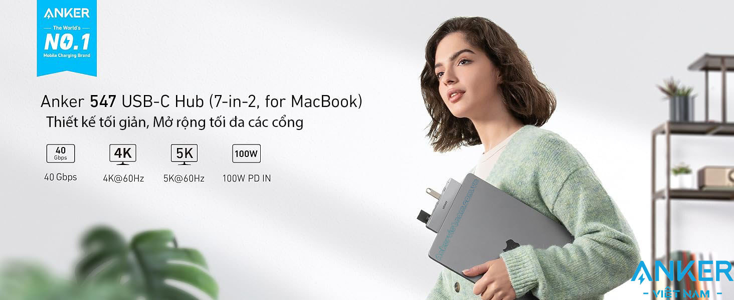 Hub USB-C Anker 547 Gắn Cho Macbook Hỗ Trợ HDMI 4K@60Hz +2*USB+1+USB-C + SD/TF + PD100W-A8354
