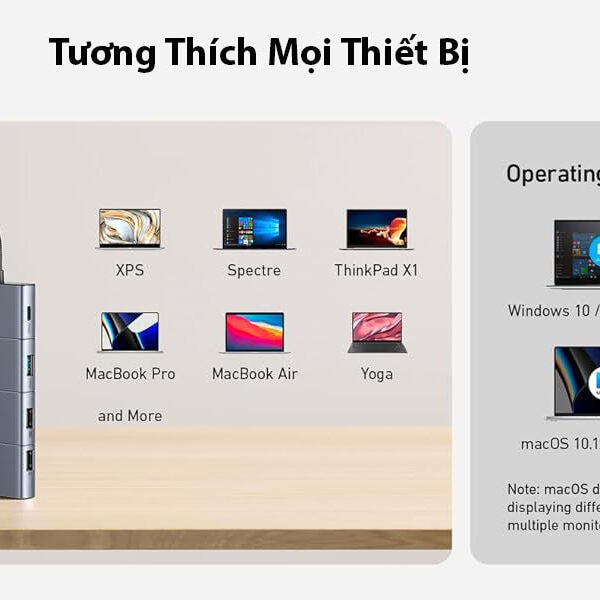 Hub USB-C Anker 565 11 trong 1 Hỗ Trợ Xuất 2 Màn HÌnh HDMI + Displayport 4K@60Hz Kèm 2 cổng USB 2.0, 1x USB A 3.2 +1x USB -C 3.2 Tốc đọ 10Gbps, 1 Cổng LAN RJ45 1Gbps, 1x Audio 3.5mm.1x SD/TF A8388