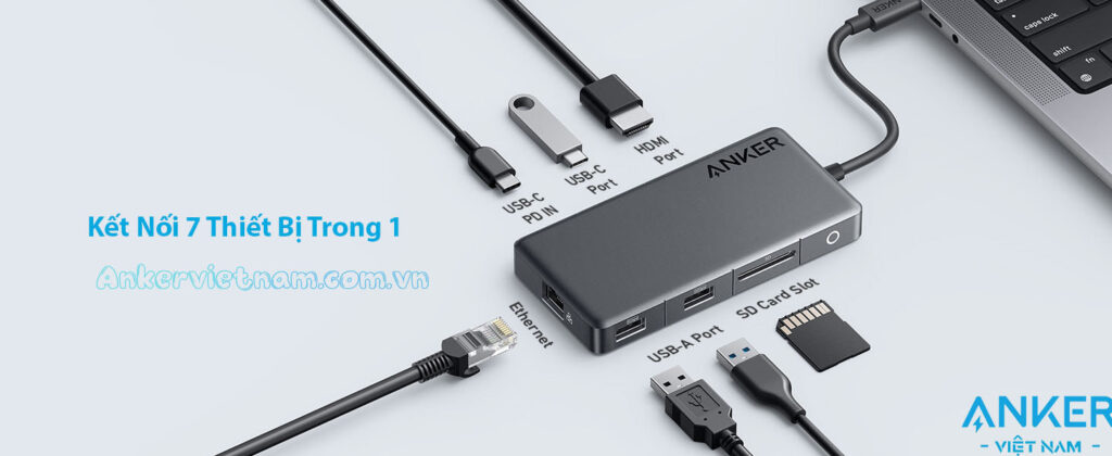 Hub USB-C 7-in-1 Sang HDMI + USB+ USB-C+SD/TF+RJ45+PD100W Anker 341 A8348