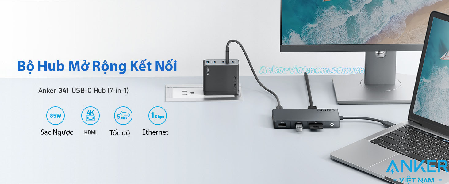 Hub USB-C 7-in-1 Sang HDMI + USB+ USB-C+SD/TF+RJ45+PD100W Anker 341 A8348