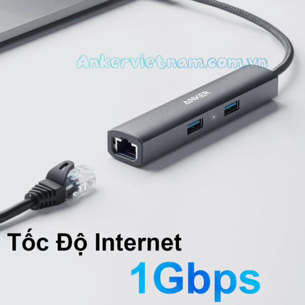 Hub Type C Sang HDMI 4K + 3* USB 3.0 +LAN 1Gbps Anker 533-A8338 1 HUB USB-C 5 trong 1 Hỗ Trợ HDMI 4K@30Hz + 3 Cổng USB 3.0+ RJ45 Tốc Độ 1Gbps Anker 533-A8338
