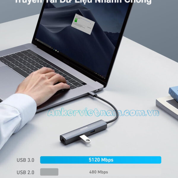 Hub Type C Sang HDMI 4K + 3* USB 3.0 +LAN 1Gbps Anker 533-A8338 3 HUB USB-C 5 trong 1 Hỗ Trợ HDMI 4K@30Hz + 3 Cổng USB 3.0+ RJ45 Tốc Độ 1Gbps Anker 533-A8338