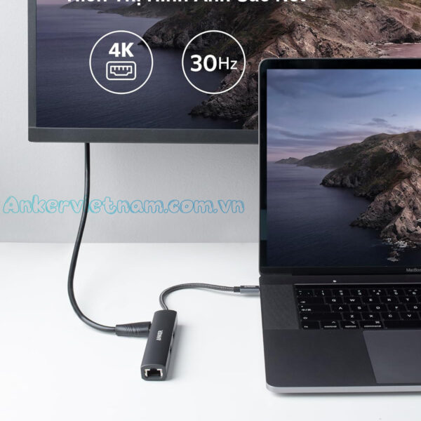 Hub Type C Sang HDMI 4K + 3* USB 3.0 +LAN 1Gbps Anker 533-A8338 5 HUB USB-C 5 trong 1 Hỗ Trợ HDMI 4K@30Hz + 3 Cổng USB 3.0+ RJ45 Tốc Độ 1Gbps Anker 533-A8338