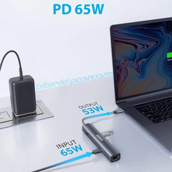 Hub Type C Sang HDMI+2*USB+USB Type C + RJ45 1Gbps + PD65W Anker 543- A8365 5 Hub USB-C Sang HDMI+ USB+Lan+USB Type C + PD65W Anker 543-A8365