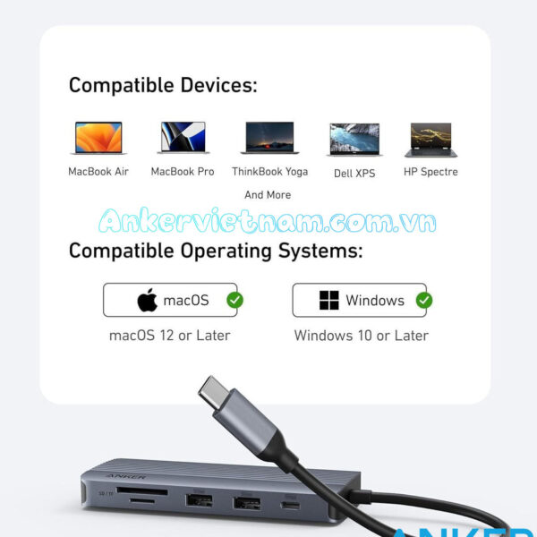 Hub USB-C 10-in-1 Xuất 2 Màn hình cùng lúc hỗ trợ HDMI 4K+ VGA +USB+USB Type C+ Lan 1Gbps + SD/TF+ PD 100W Anker A83C2