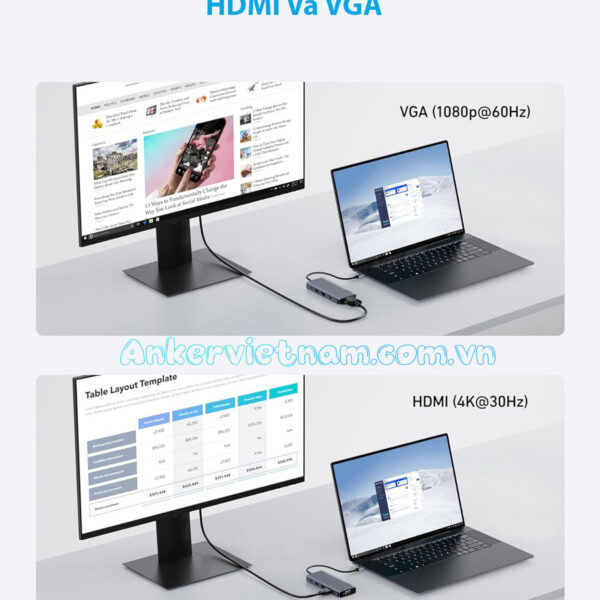 Hub USB-C 10-in-1 Xuất 2 Màn hình cùng lúc hỗ trợ HDMI 4K+ VGA +USB+USB Type C+ Lan 1Gbps + SD/TF+ PD 100W Anker A83C2
