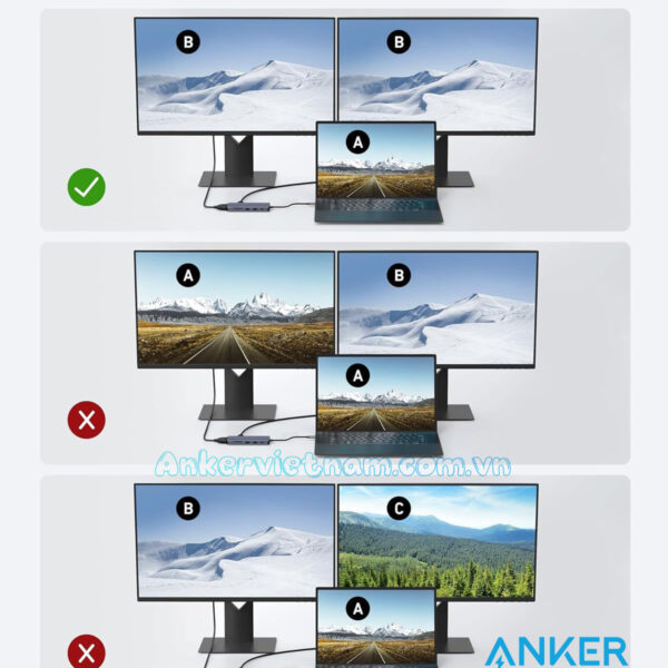 Hub USB-C 10-in-1 Xuất 2 Màn hình cùng lúc hỗ trợ HDMI 4K+ VGA +USB+USB Type C+ Lan 1Gbps + SD/TF+ PD 100W Anker A83C2